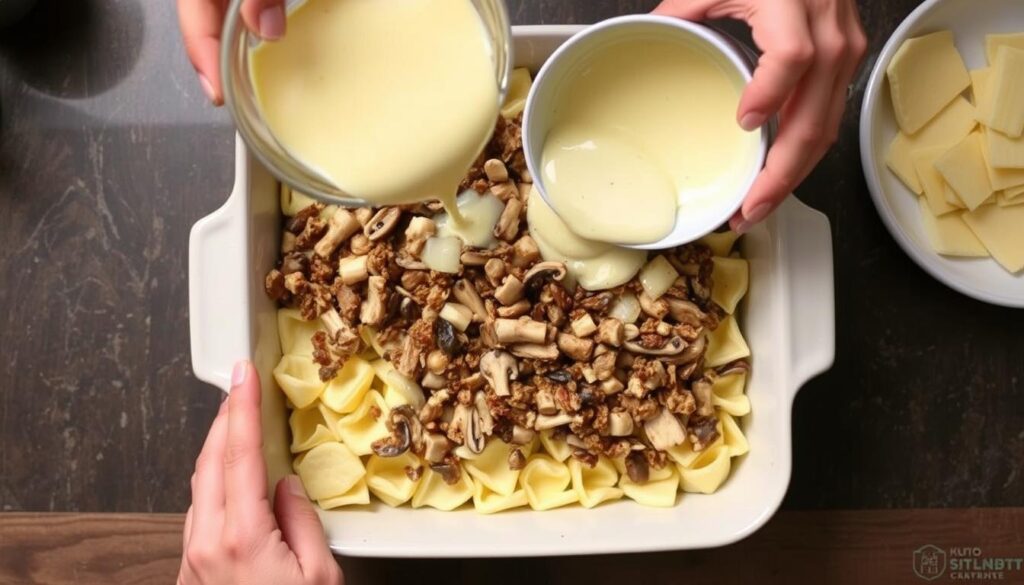 Assemblage du gratin de crozet reblochon dans un plat à gratin