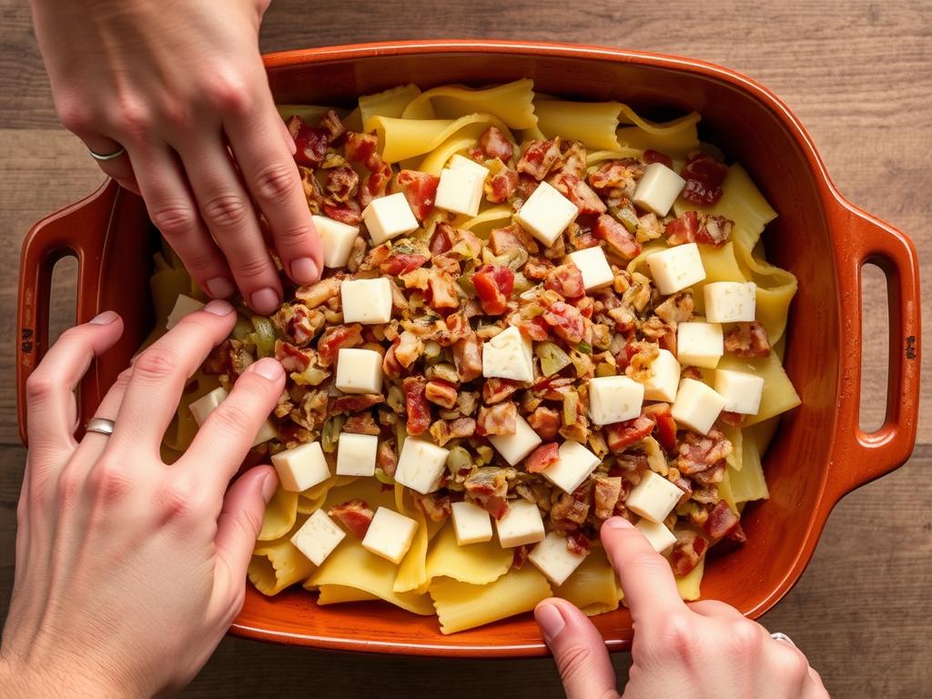 Assemblage du gratin de crozets au reblochon dans un plat en terre