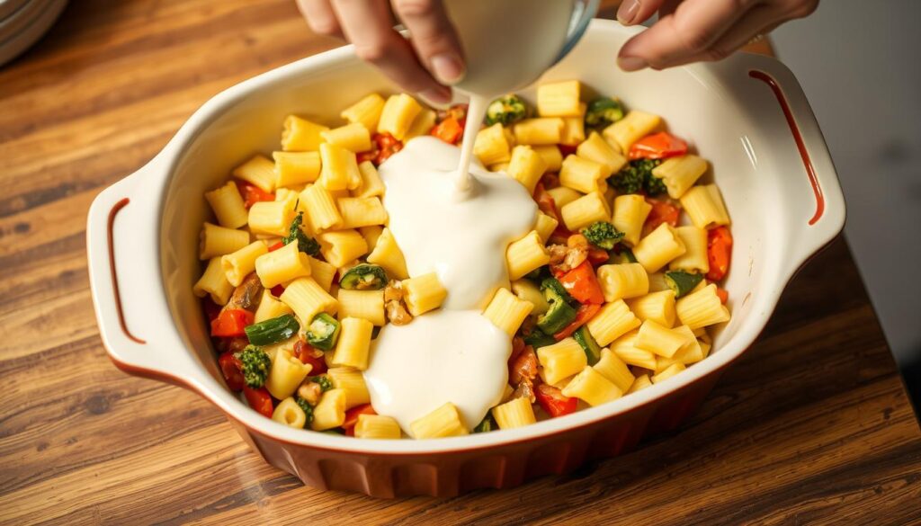 Assemblage du gratin de crozets aux légumes dans un plat à gratin