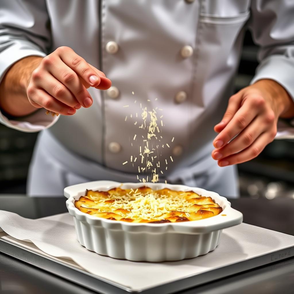 Chef montrant la technique pour obtenir un gratin de crozets croustillant