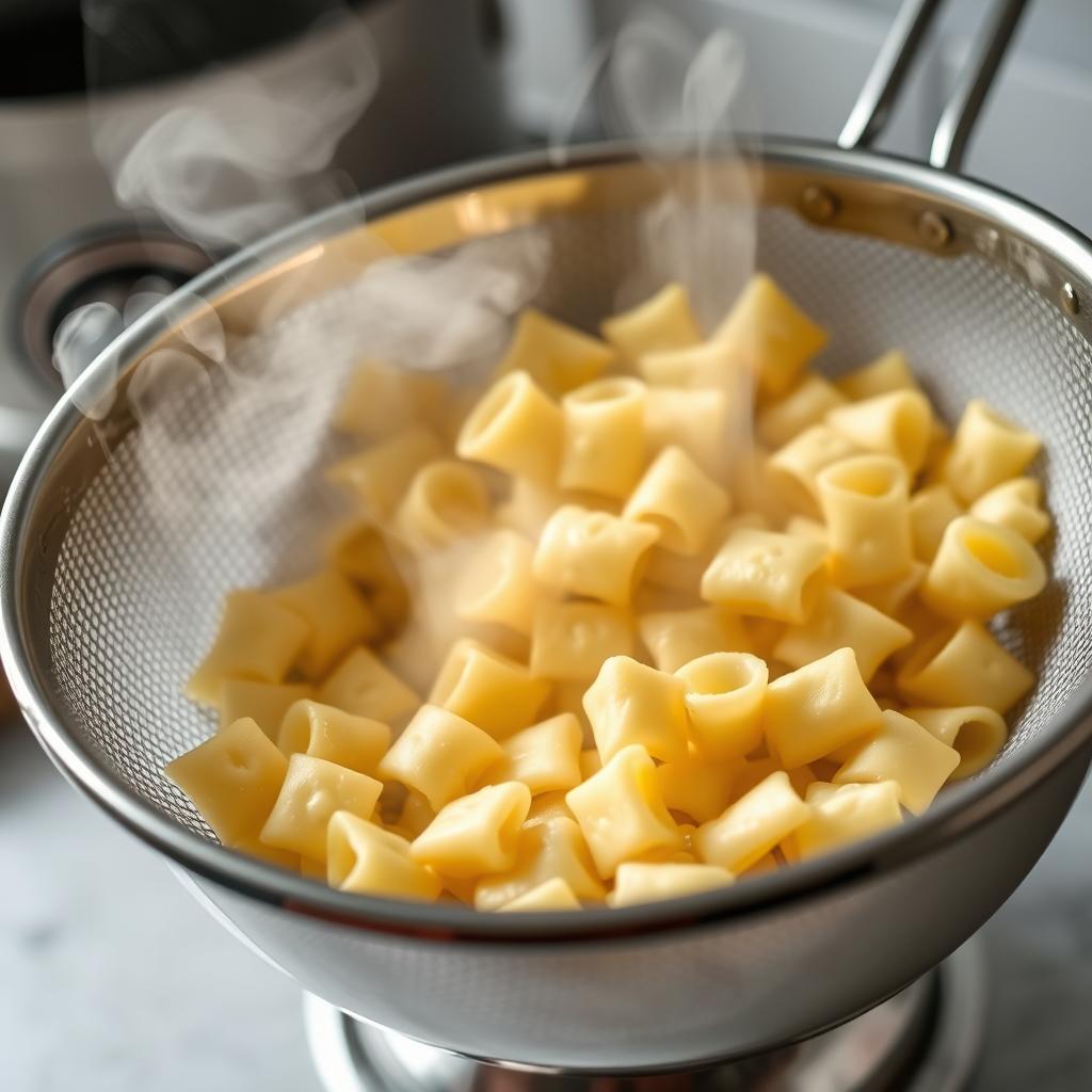 Crozets al dente égouttés dans une passoire