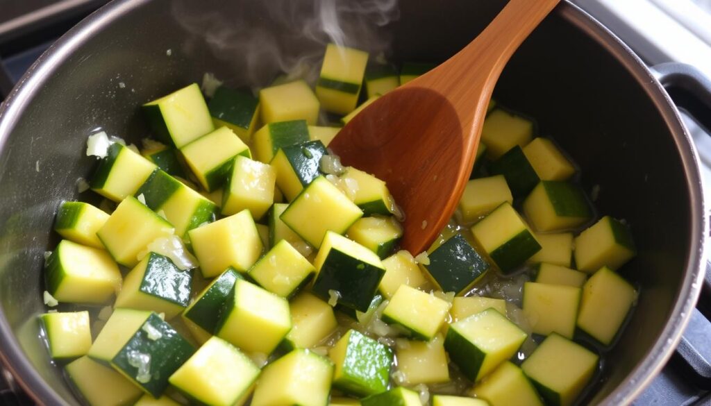 Cuisson des courgettes pour le gratin de crozet courgette
