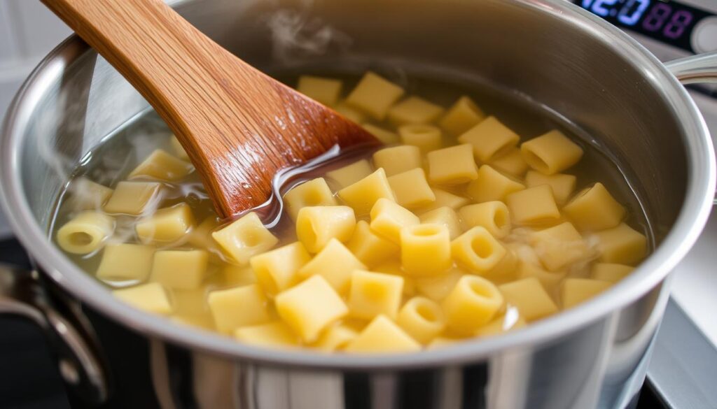 Cuisson des crozets dans l'eau bouillante pour le gratin de crozet reblochon