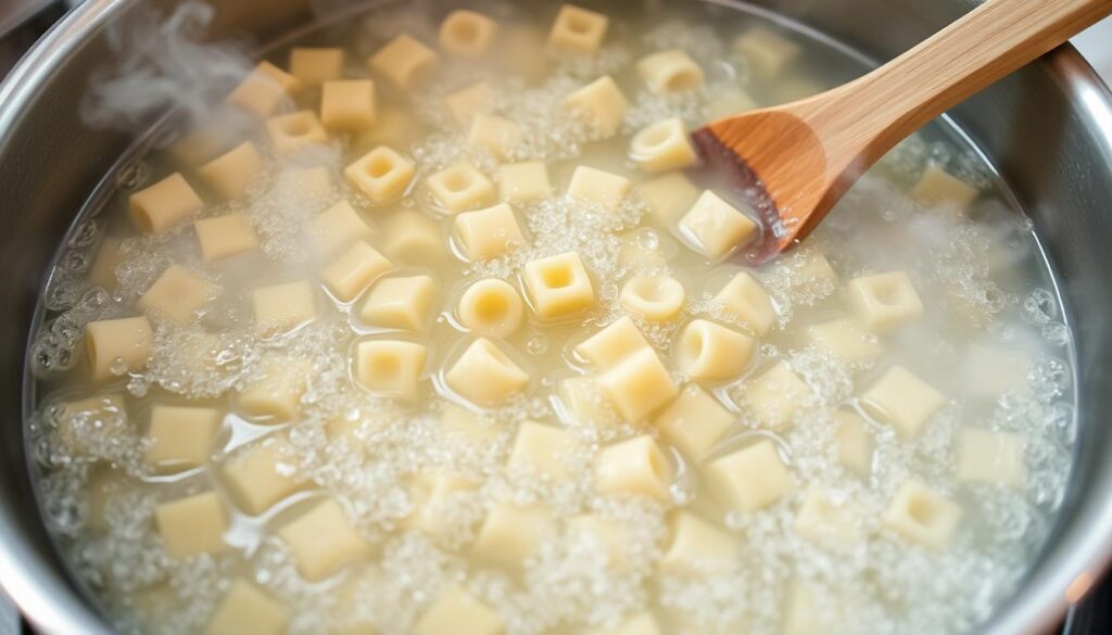 Cuisson des crozets dans une casserole d'eau bouillante