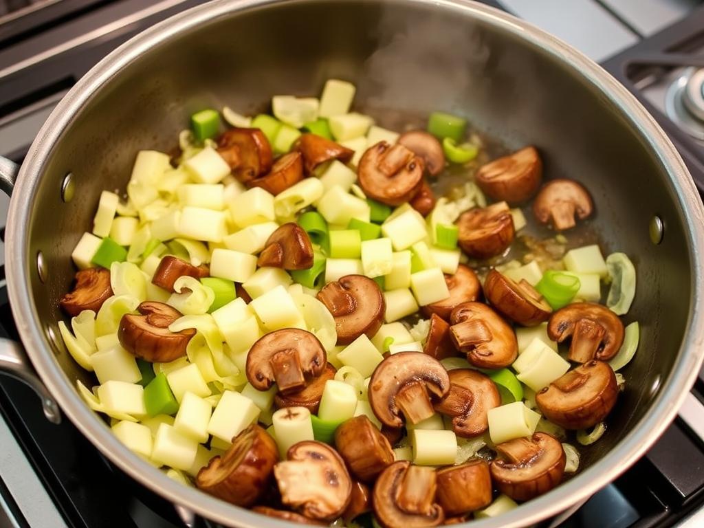 Cuisson des poireaux et champignons dans une poêle