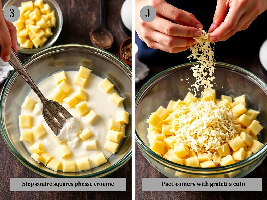 Étapes de préparation du gratin de crozets montrant le mélange des ingrédients