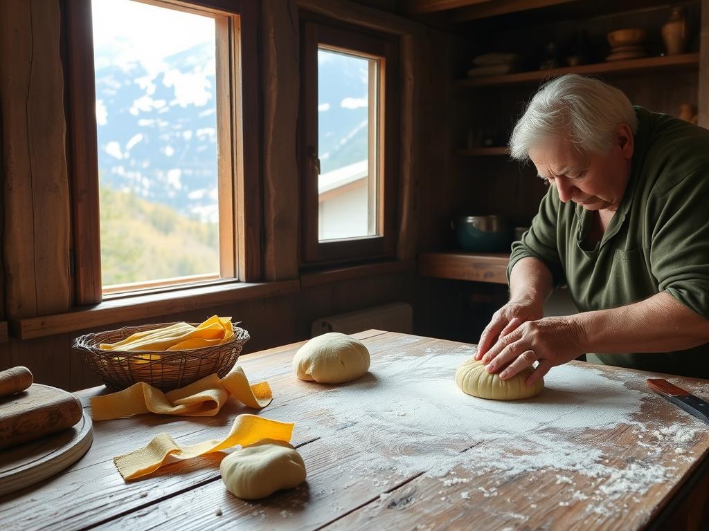 Fabrication traditionnelle des crozets à la main dans une cuisine savoyarde