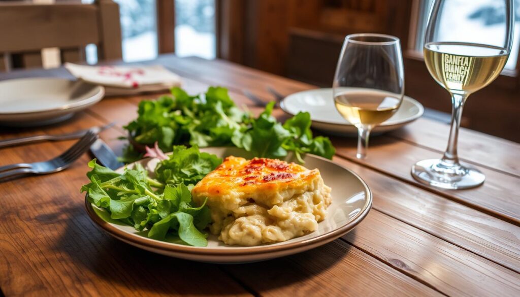 Gratin de Crozet Savoyard servi avec une salade verte et un verre de vin blanc