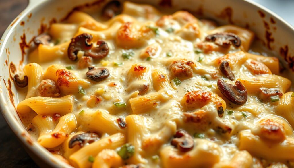 Gratin de Crozet aux Poireaux et Champignons dans un plat à gratin