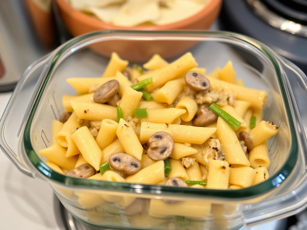 Gratin de Crozet aux Poireaux et Champignons en portion individuelle prêt à être réchauffé