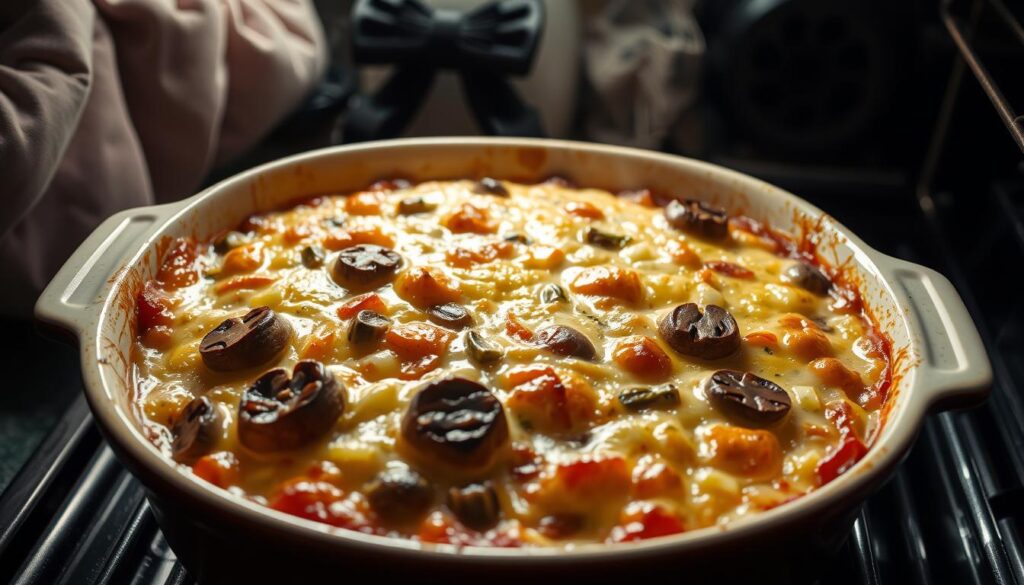 Gratin de Crozet aux Poireaux et Champignons sortant du four