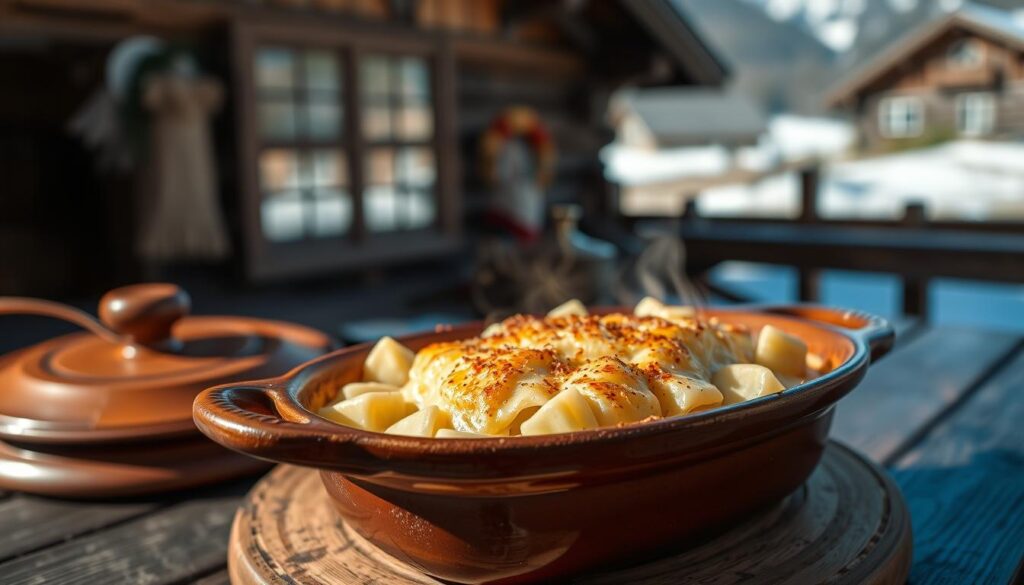 Gratin de crozet au beaufort servi dans un plat en terre cuite traditionnel