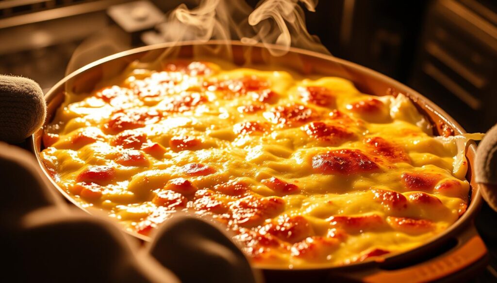 Gratin de crozet au beaufort sortant du four avec sa croûte dorée