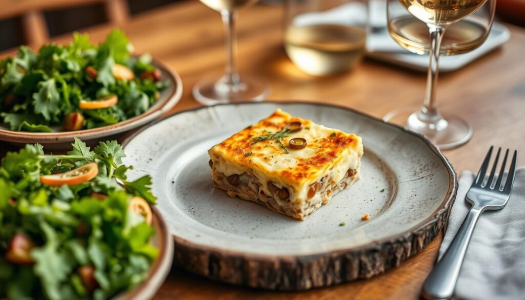 Gratin de crozet aux diots servi avec une salade verte et un verre de vin blanc de Savoie