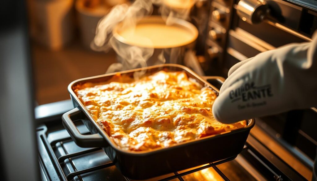 Gratin de crozet comté doré sortant du four
