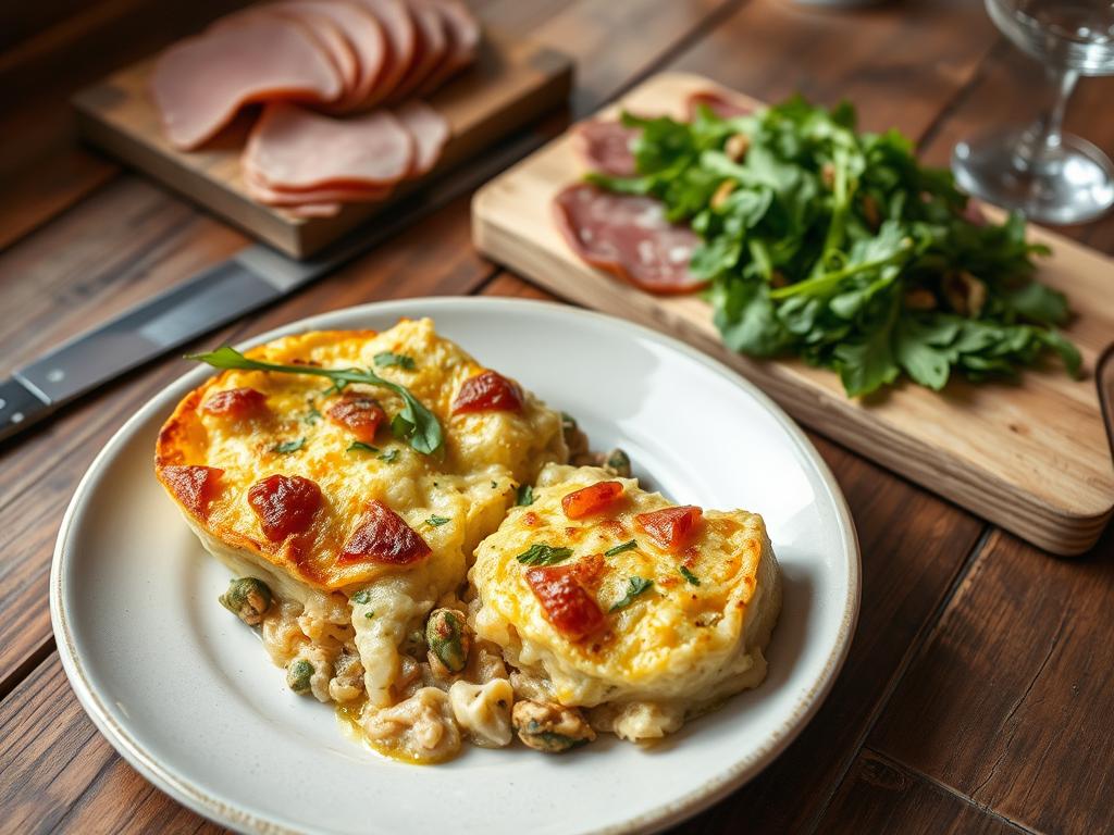 Gratin de crozet comté servi avec une salade verte et des charcuteries