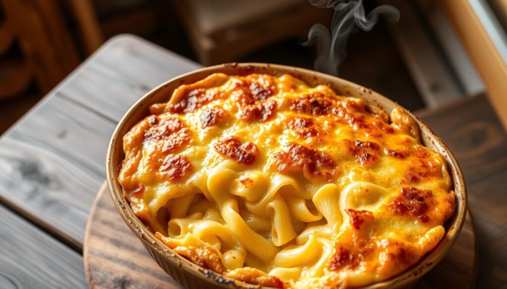 Gratin de crozet comté servi dans un plat à gratin rustique
