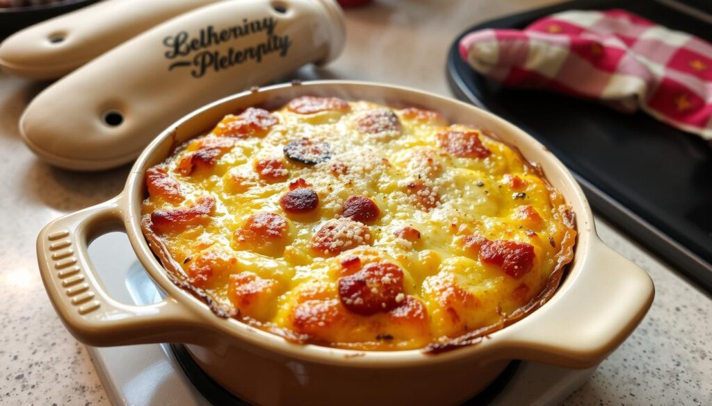 Gratin de crozet courgette doré sortant du four