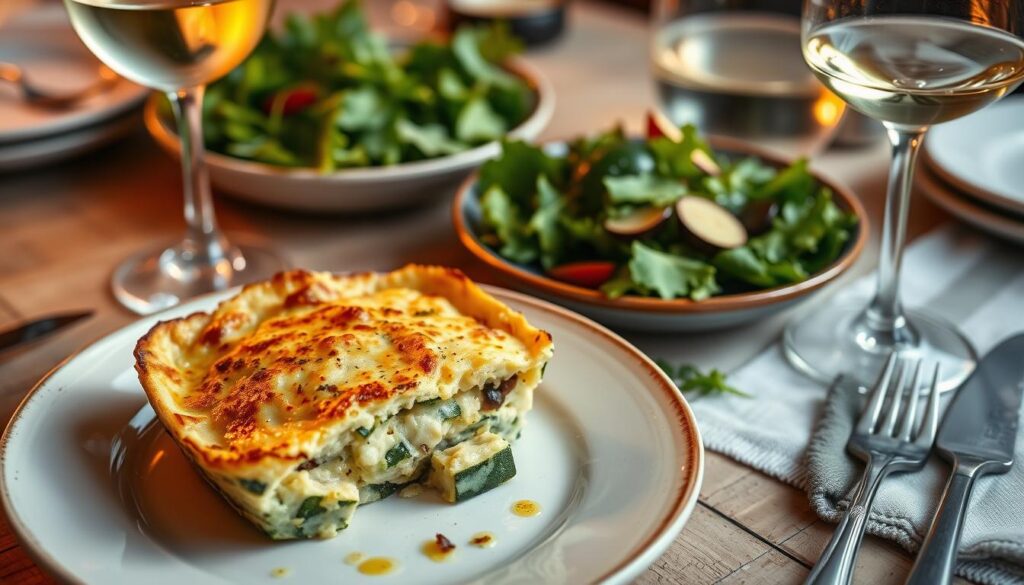 Gratin de crozet courgette servi avec une salade verte