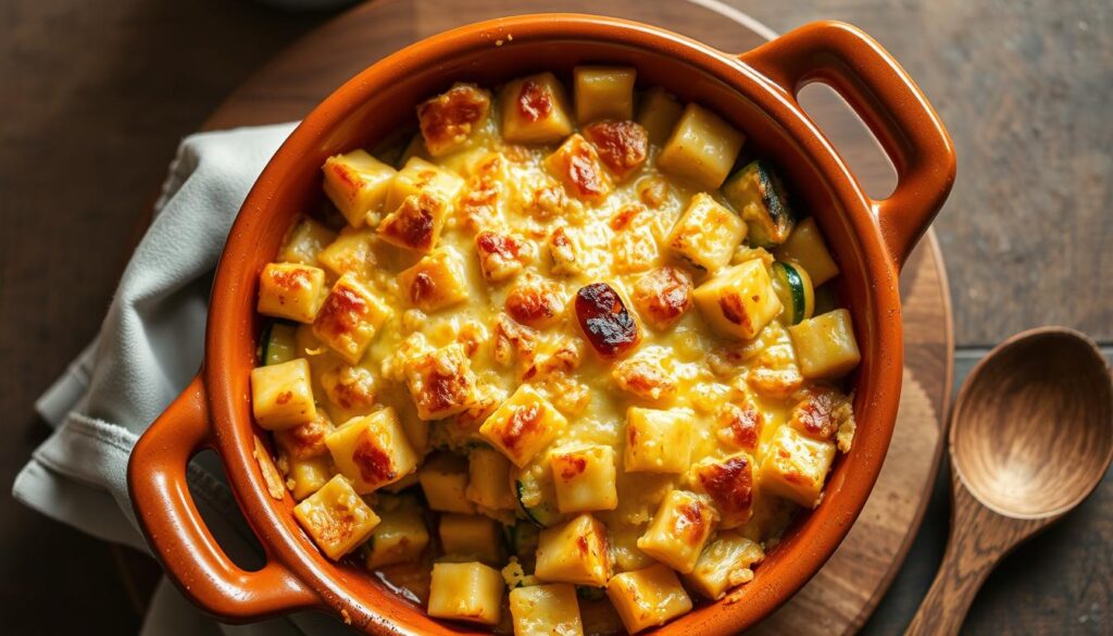 Gratin de crozet courgette servi dans un plat en terre cuite