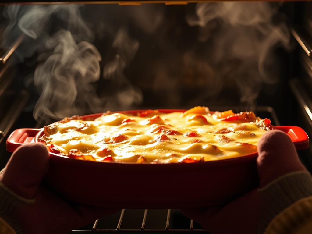 Gratin de crozet léger doré sortant du four