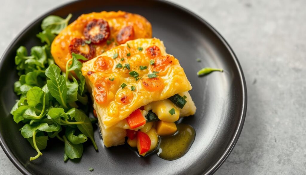 Gratin de crozet léger servi avec une salade verte
