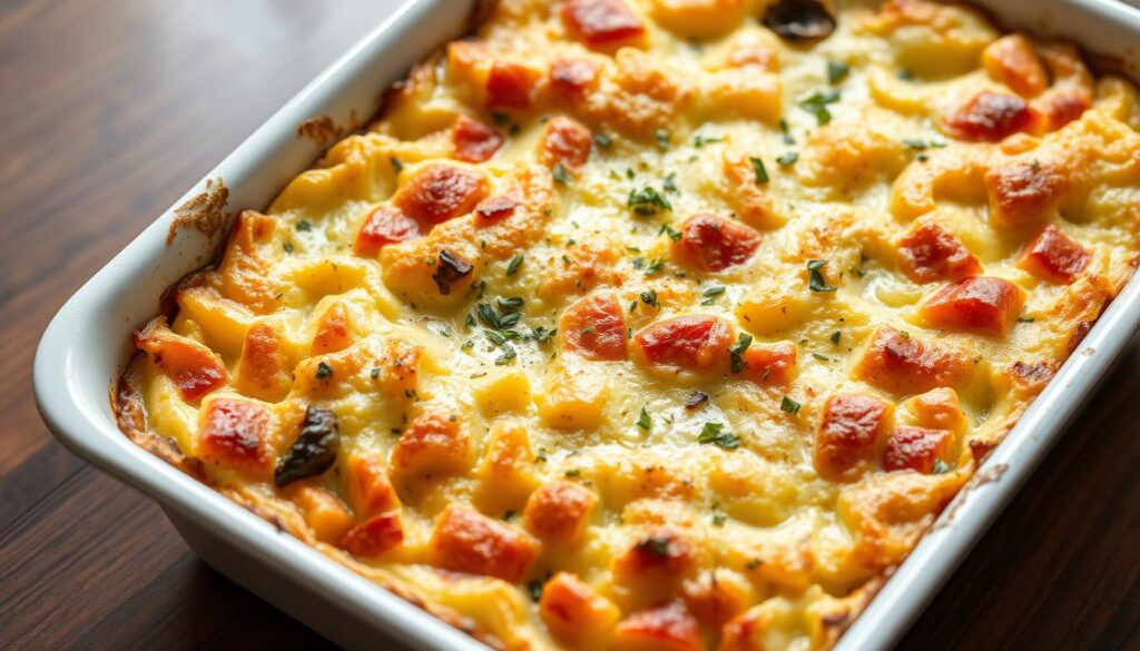 Gratin de crozet léger servi dans un plat à gratin, doré en surface avec des légumes colorés visibles