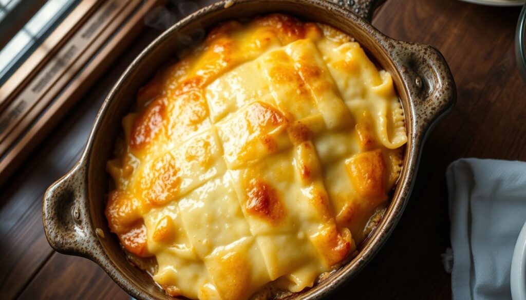 Gratin de crozet reblochon servi dans un plat à gratin rustique