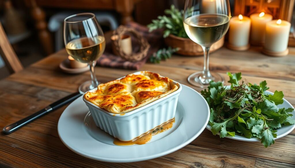 Gratin de crozet traditionnel servi à table avec une salade verte et un verre de vin blanc de Savoie