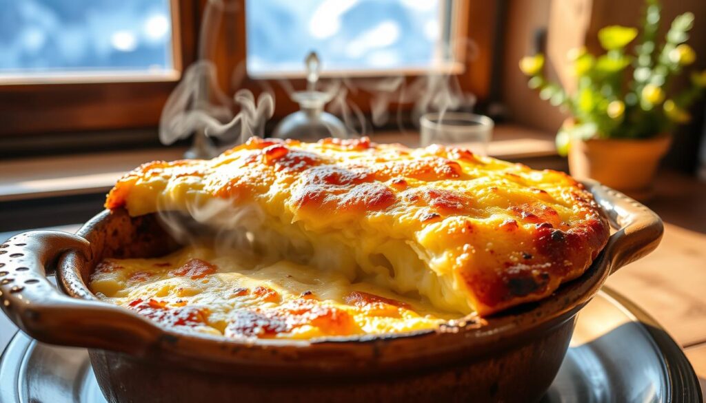 Gratin de crozet traditionnel servi dans un plat en terre cuite avec une croûte dorée