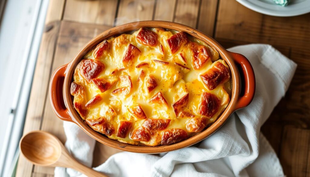 Gratin de crozets au reblochon dans un plat en terre cuite, doré et fumant, prêt à être servi