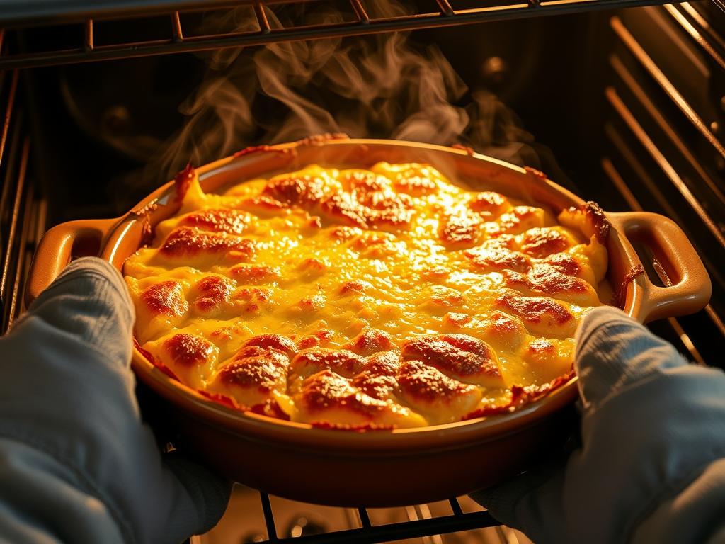 Gratin de crozets au reblochon doré sortant du four