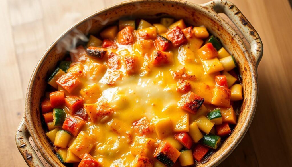 Gratin de crozets aux légumes dans un plat à gratin, doré et fumant, prêt à être servi