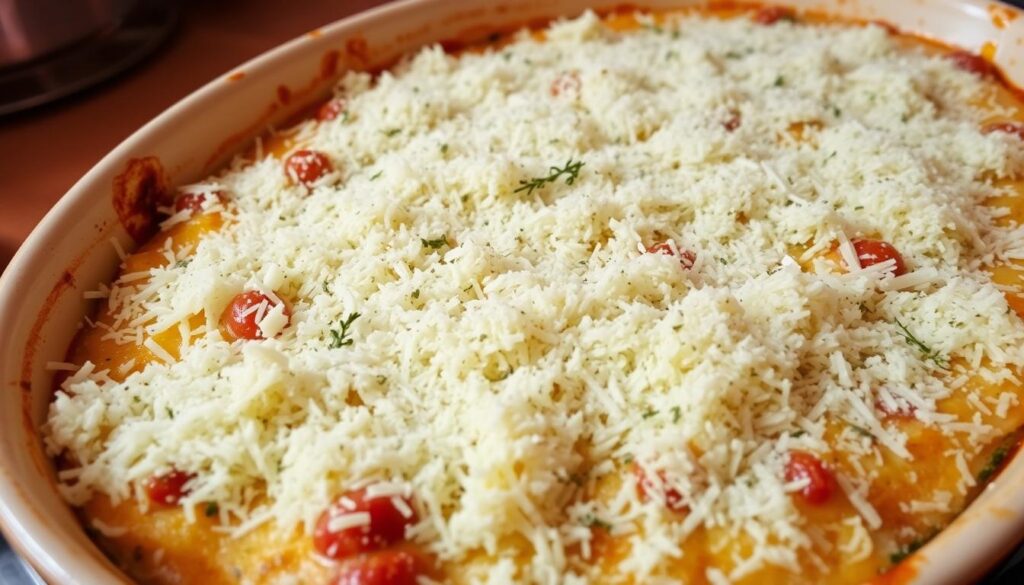 Gratin de crozets aux légumes saupoudré de fromage râpé, prêt à être enfourné