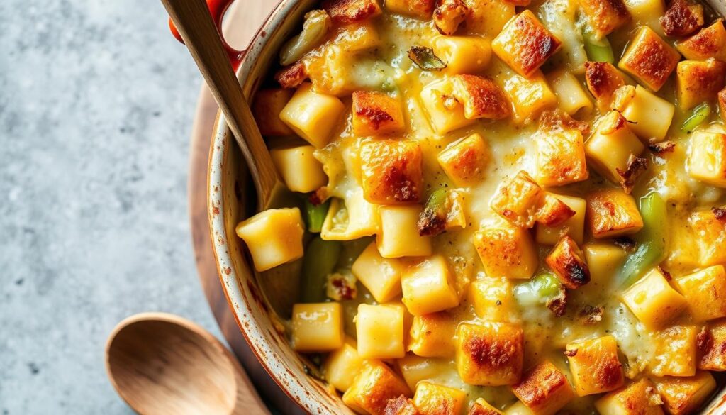 Gratin de crozets aux poireaux dans un plat à gratin, doré et fumant