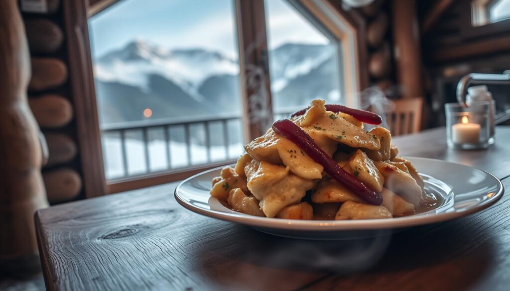 Gratin de crozets aux poireaux servi à table avec une vue sur les montagnes