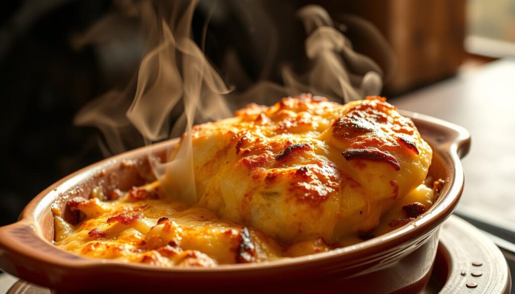 Gratin de crozets sortant du four, doré et bouillonnant