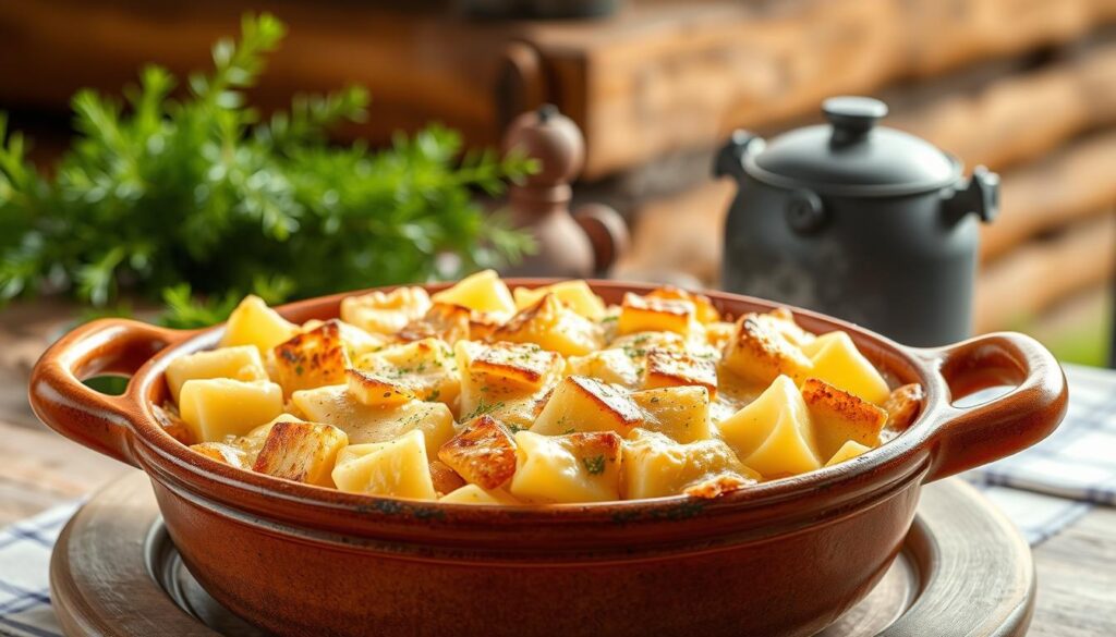 Gratin de crozets traditionnel dans un plat en terre cuite, doré et fumant