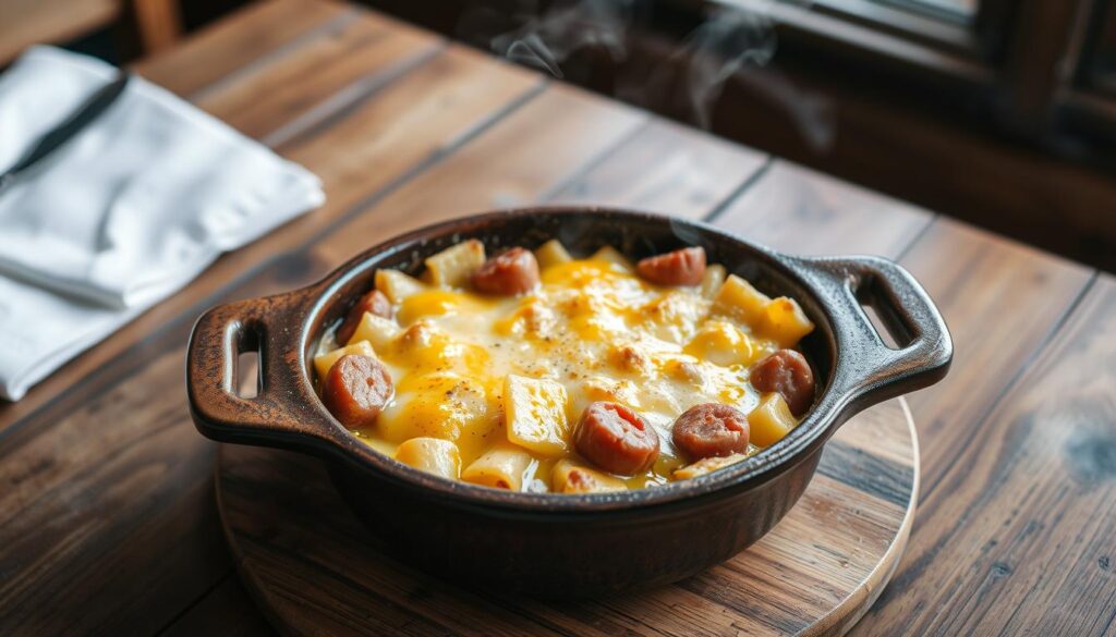 Gratin de diots et crozets servi dans un plat à gratin traditionnel savoyard