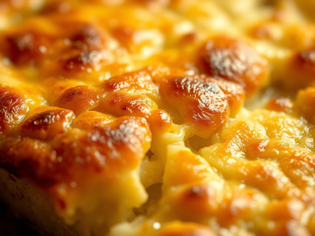 Gros plan sur la croûte dorée et gratinée du gratin de crozet au beaufort