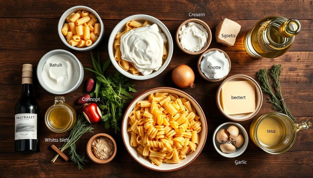 Ingrédients disposés pour la préparation du gratin de crozet aux diots