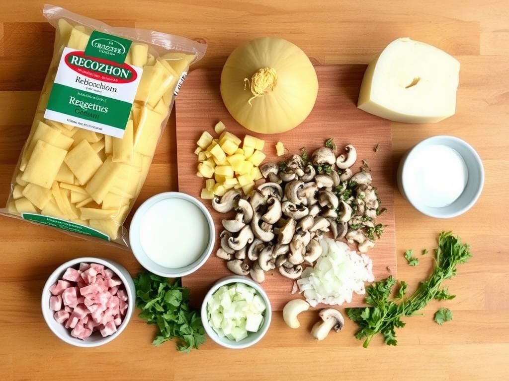 Ingrédients disposés pour la préparation du gratin de crozet reblochon