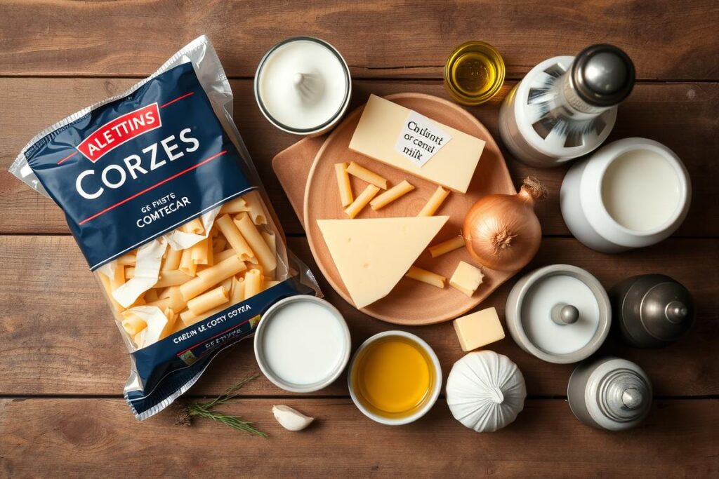 Ingrédients du gratin de crozet comté disposés sur une table