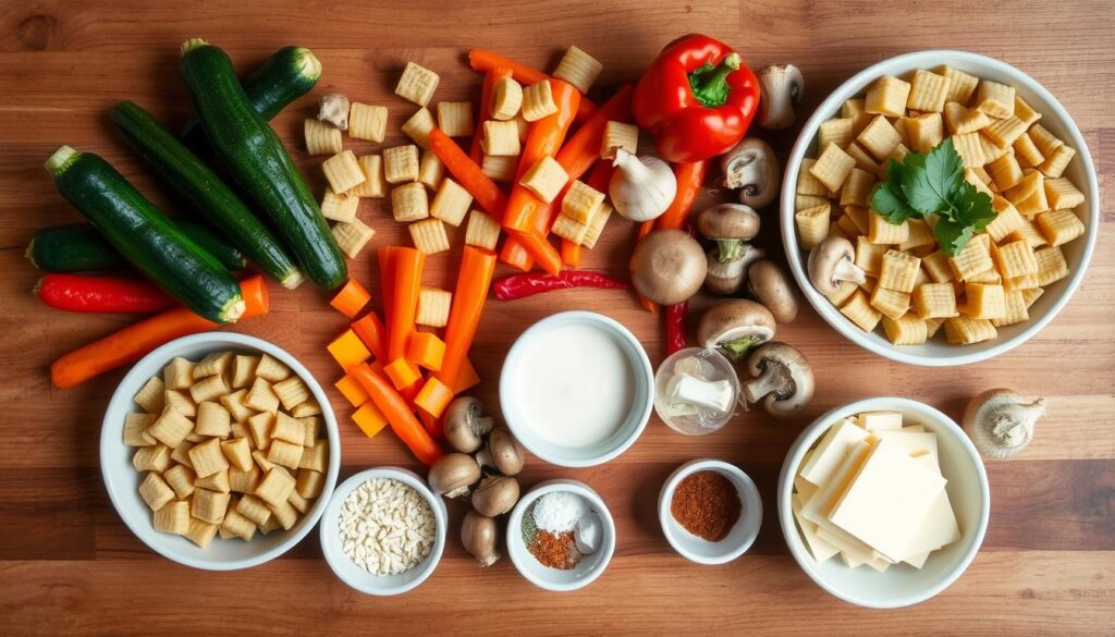 Ingrédients du gratin de crozets aux légumes disposés sur un plan de travail en bois