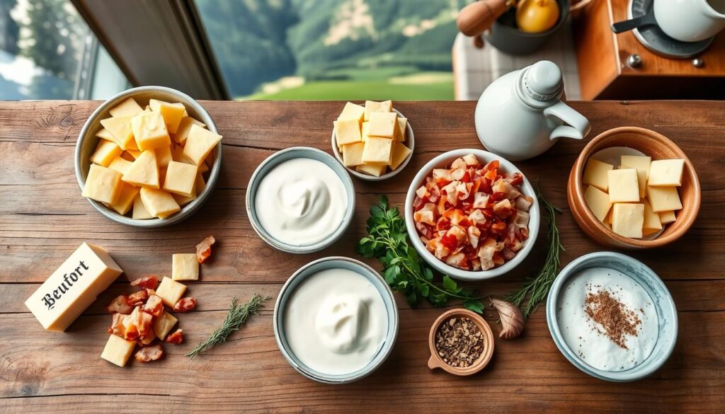 Ingrédients du gratin de crozets disposés sur une table en bois