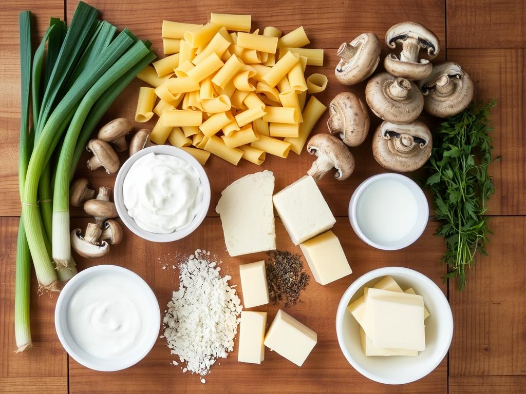 Ingrédients pour le Gratin de Crozet aux Poireaux et Champignons disposés sur une table