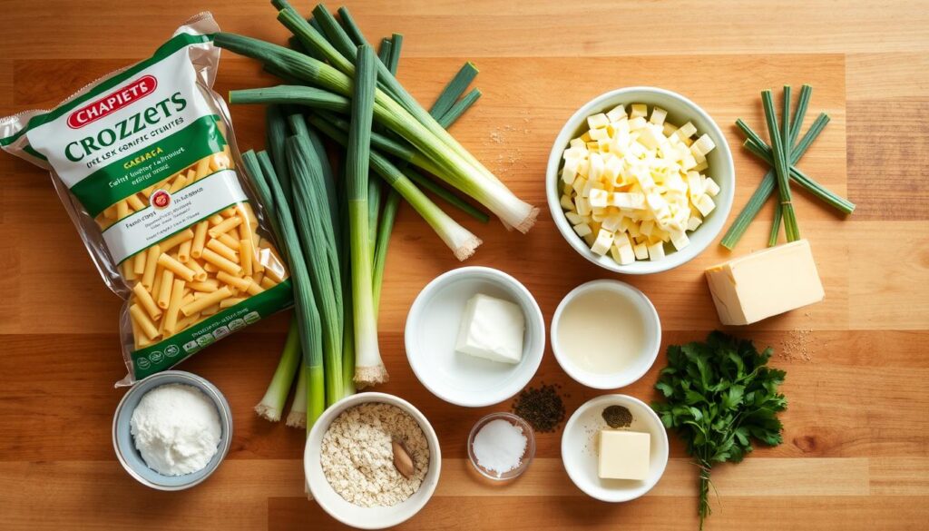Ingrédients pour le gratin de crozets aux poireaux disposés sur un plan de travail