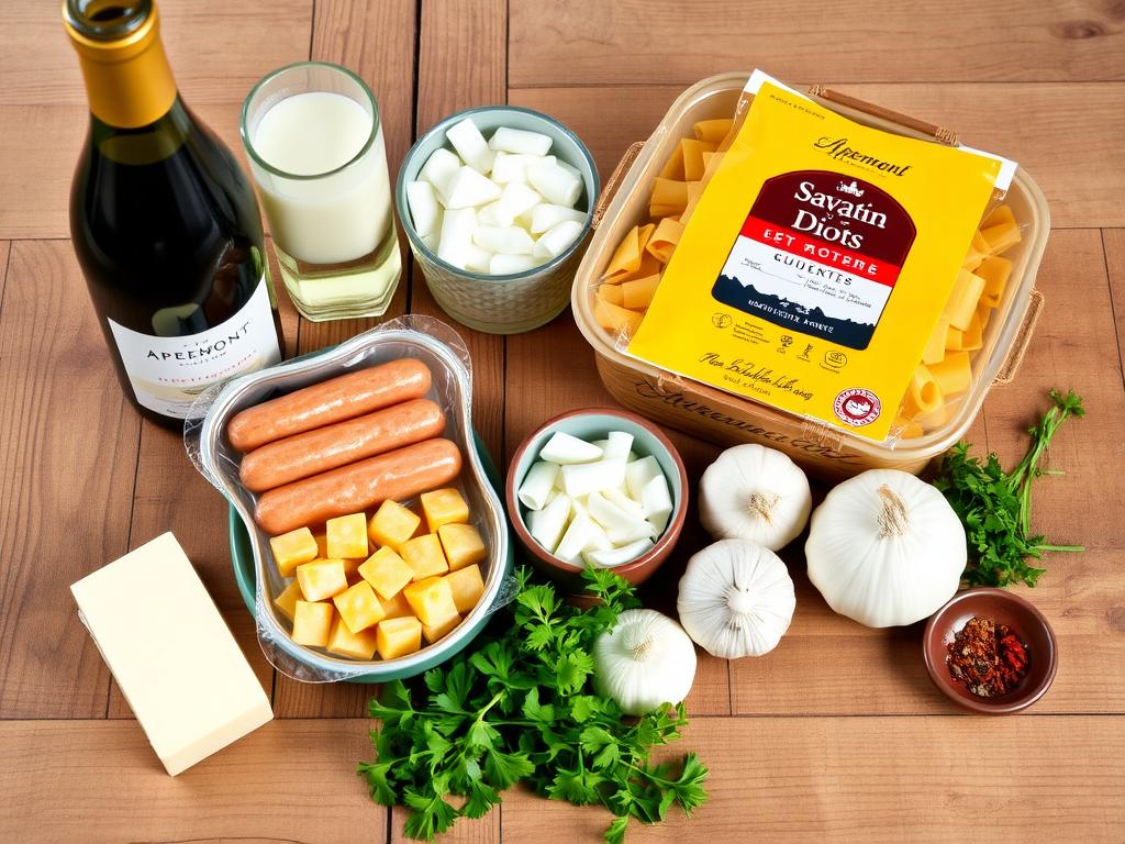 Ingrédients pour le gratin de diots et crozets disposés sur une table en bois