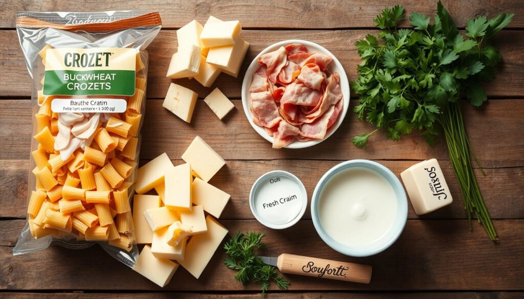 Ingrédients pour préparer un gratin de crozet traditionnel disposés sur une table en bois