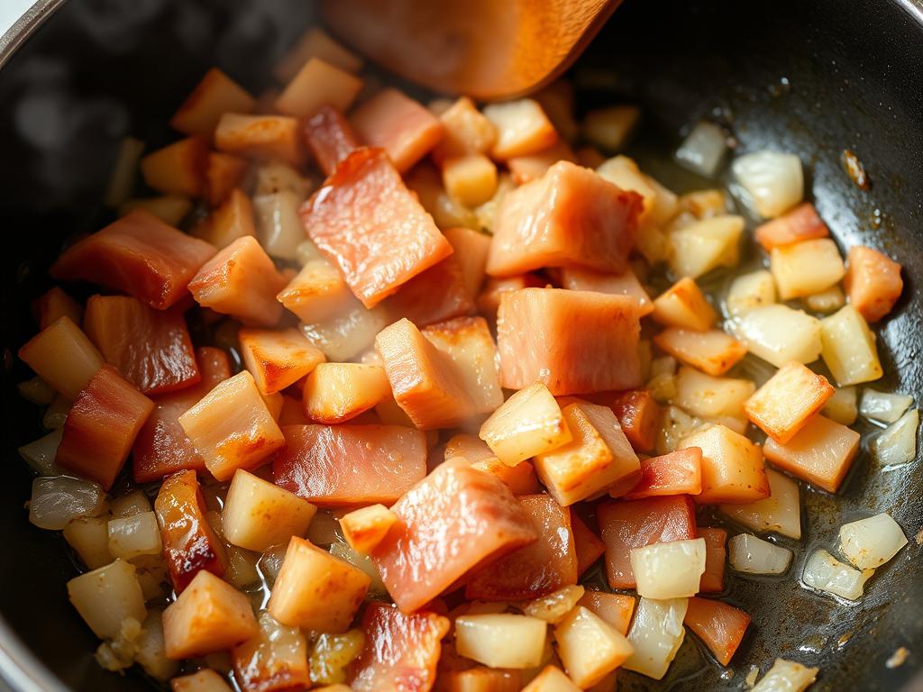 Lardons en train de dorer avec les oignons dans la poêle